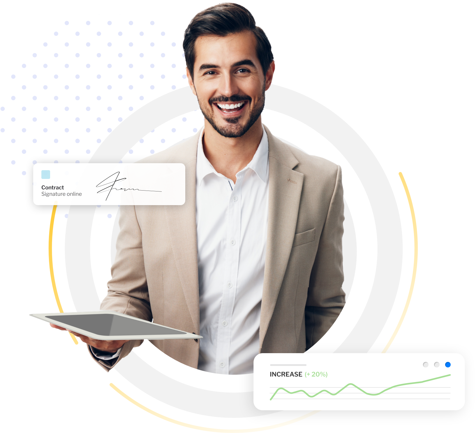 Image displaying Salesbook automation tools for company presentation, agreement signing, and sales analytics.