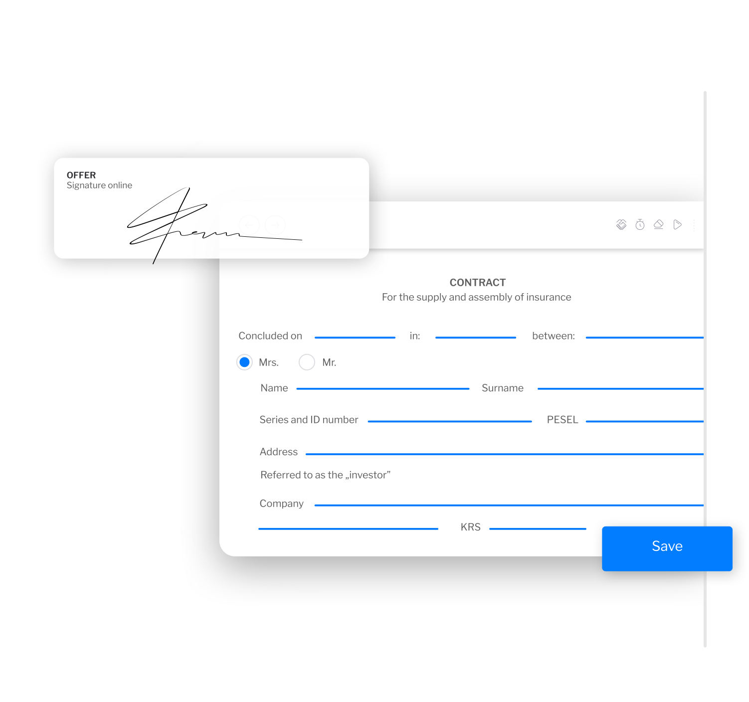 Feature highlight showing the ability to sign contracts digitally during sales meetings.