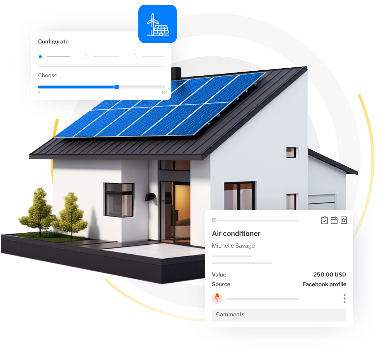 Interface of a renewable energy sales tool with analytics and performance metrics for solar products.