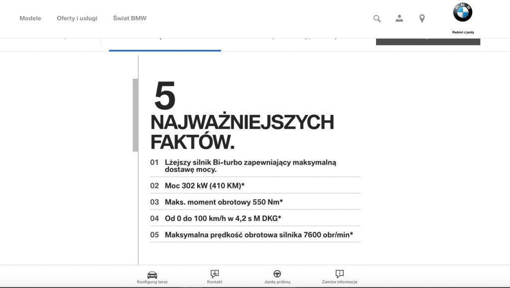 BMW podczas prezentacji modelu M2 zaczyna od pięciu najważniejszych zalet swojego produktu. Osiągnięte parametry w modelu M2 budują przewagę konkurencyjną i zachęcają klienta do zakupu.