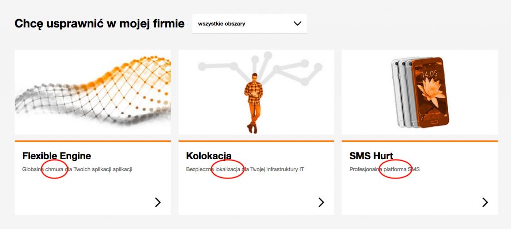 Firma Orange w swoim portfolio ma produkty przeznaczone dla biznesu. Bazują one często na zaawansowanych technologiach, a ich nazwy handlowe zazwyczaj niewiele mówią odbiorcom. Podczas prezentacji tych produktów Orange w pierwszej kolejności definiuje dla nich kategorie produktu, tak by potencjalni klienci mogli szybko zrozumieć, z czym de facto mają do czynienia. I tak, Flexible Engine to “chmura”, Kolokacja to “lokalizacja dla infrastruktury” a SMS Hurt to “platforma SMS”