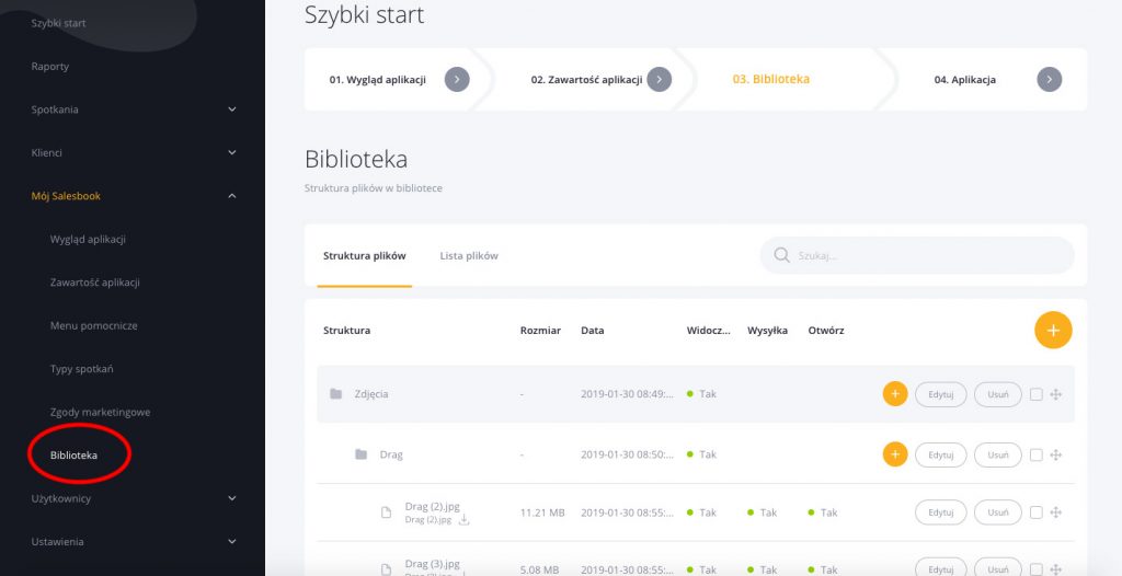 1. Po zalogowaniu do panelu administracyjnego aplikacji Salesbook z lewego menu wybieramy opcję Mój Salesbook | Biblioteka.