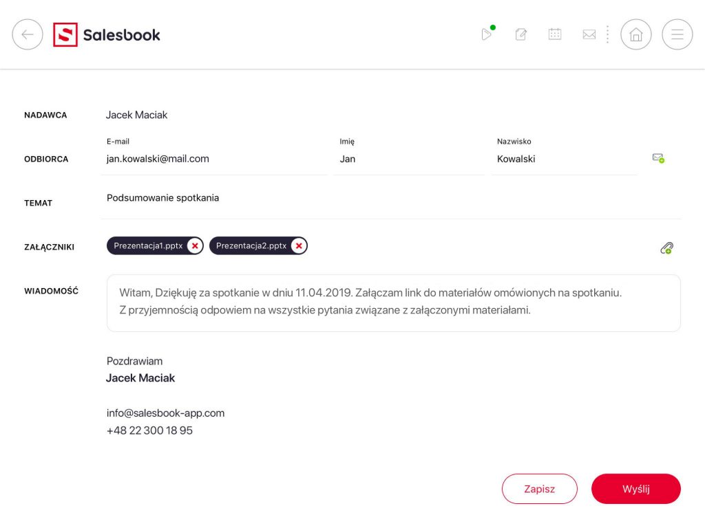 W aplikacji Salesbook każda rozmowa sprzedażowa kończy się wezwaniem do akcji. Sprzedawca prosi klienta o jego adres e-mailowy, na który zostanie wysłana oferta, oraz materiały pomocnicze. To wyraźna przewaga w odniesieniu do klasycznej prezentacji sprzedażowej.