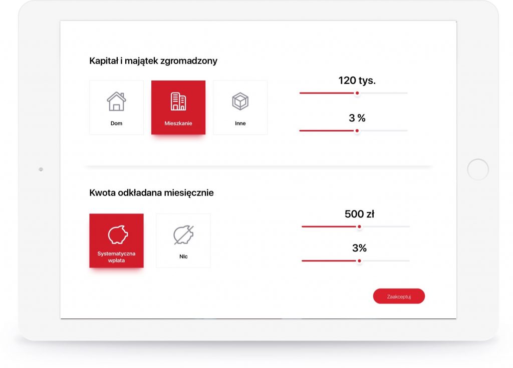 Ikony i minimum tekstu wpływają na uproszczenie procesu sprzedażowego. Sprzedaż produktów finansowych staje się szybka i zrozumiała.