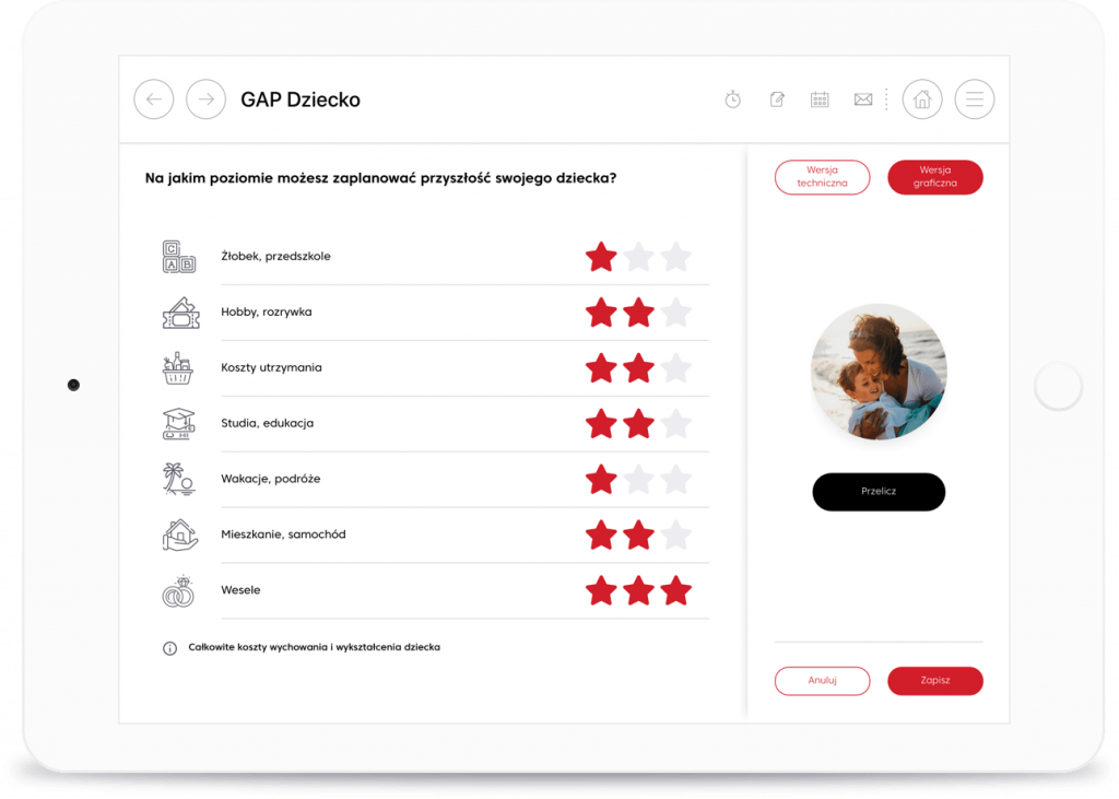 Wizualne ankiety pomagają klientowi szybciej odpowiadać na pytania. W ten sposób doradca ma szansę na pozyskanie niezbędnych informacji bez konieczności tłumaczenia zawiłych terminów.
