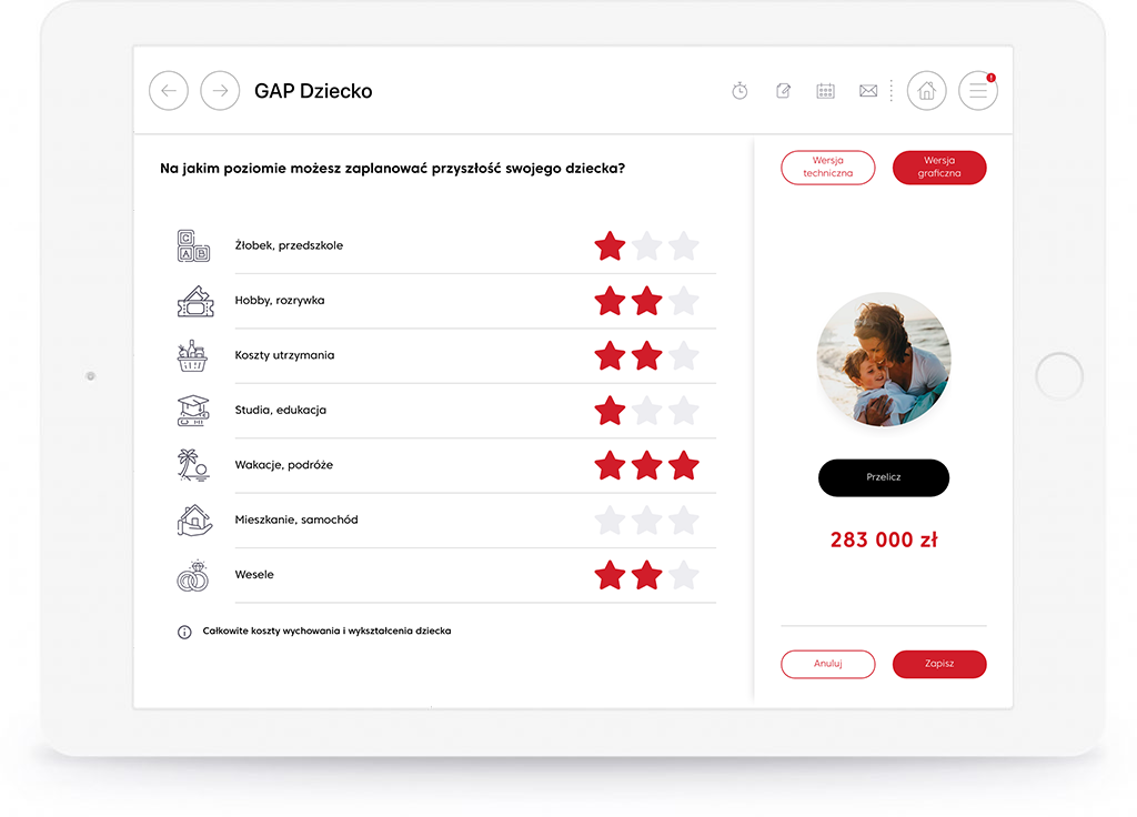 The analytical module allows to collect, in a visually attractive way, the most important data from the customer, e.g. his needs or preferences.