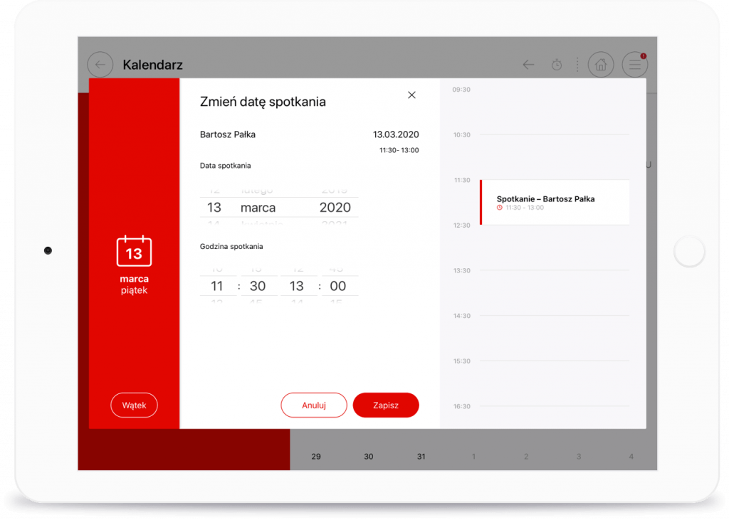 Doradca może też łatwo zmienić termin spotkania. Dane takie zostaną zaktualizowane w całym systemie (aplikacja + CRM).