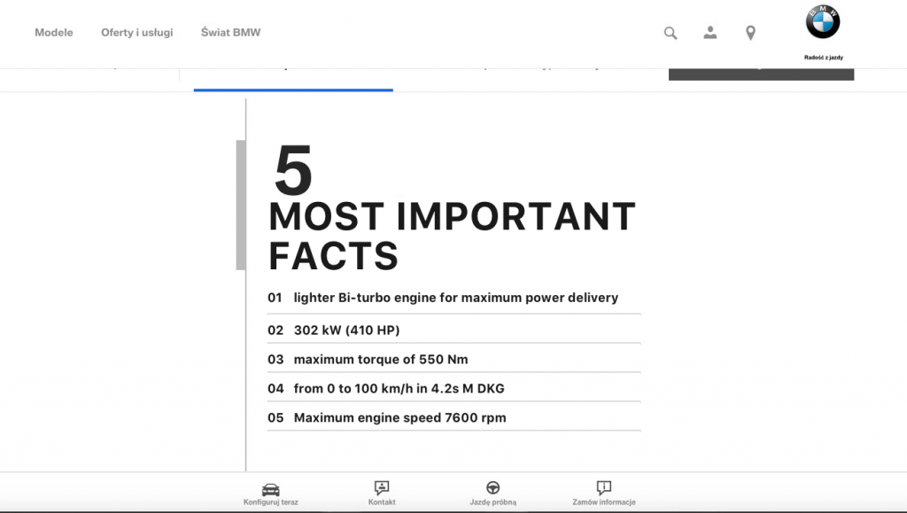 BMW starts with the five most important advantages of its product when presenting the M2. The parameters achieved in the M2 model build a competitive advantage and encourage customers to buy. 