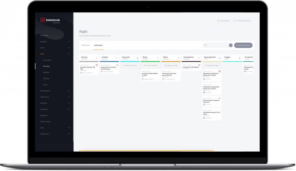 The integration of the CRM system with the SFA system allows for a significant acceleration of the sales process. At the next stages of the sales funnel, we see the status of individual customer service. These statuses can update automatically based on data sent to CRM from the SFA application.