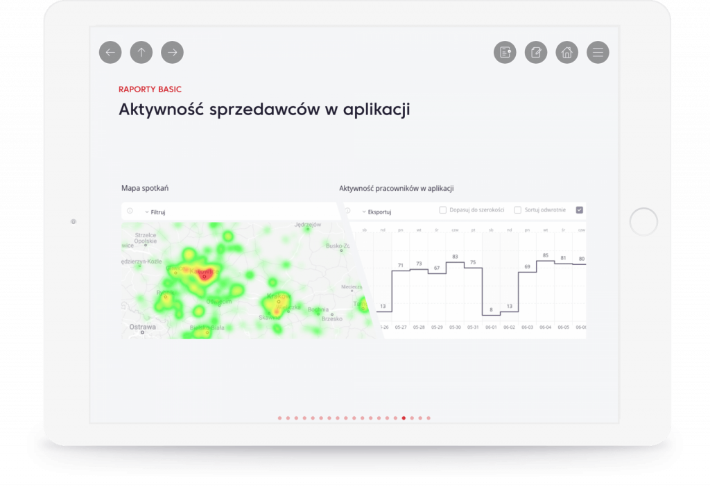 Analysis of the work of dispersed sales teams in traditional systems may be difficult, among others by declarative reporting. The SFA application automatically collects data about the vendor's work in the field and transmits it to the manager.