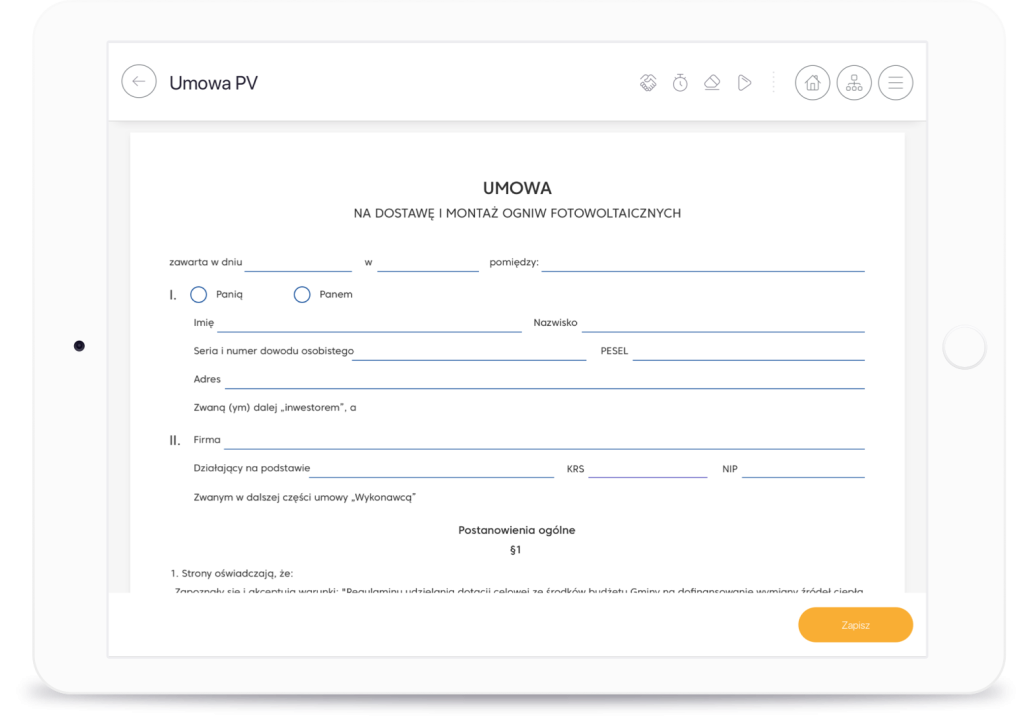 Aplikacja pozwala na szybkie podpisanie umowy. Szablon jest automatycznie uzupełniany danymi klienta oraz parametrami skalkulowanej instalacji.
