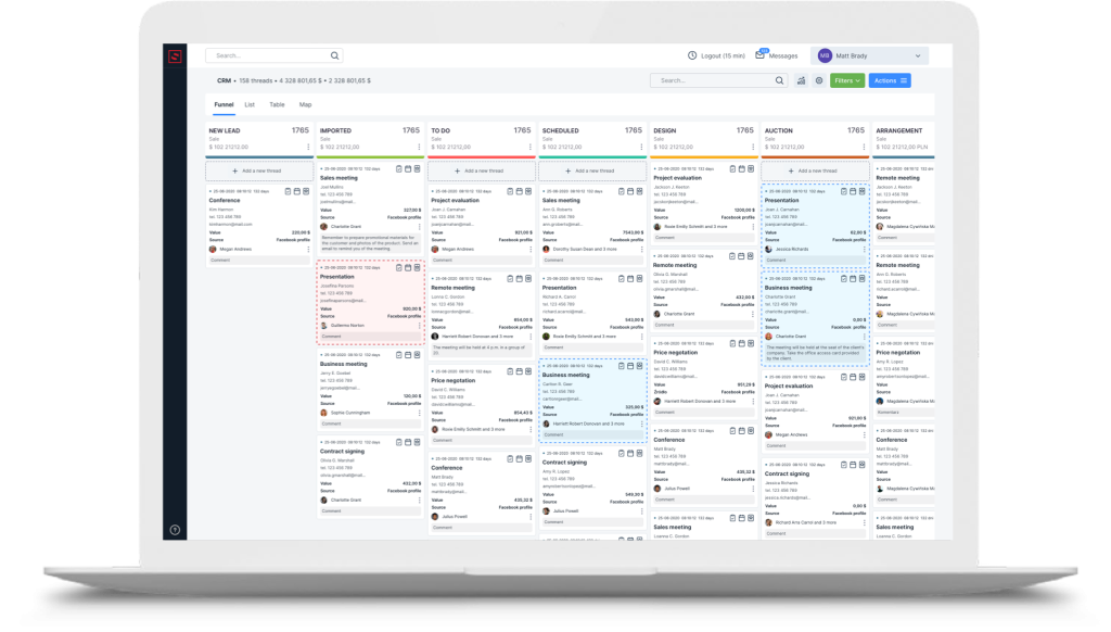 The application stores all information about the status of the customer in the so-called threads. The threads can be set up in columns, which show at which stage the customer is.