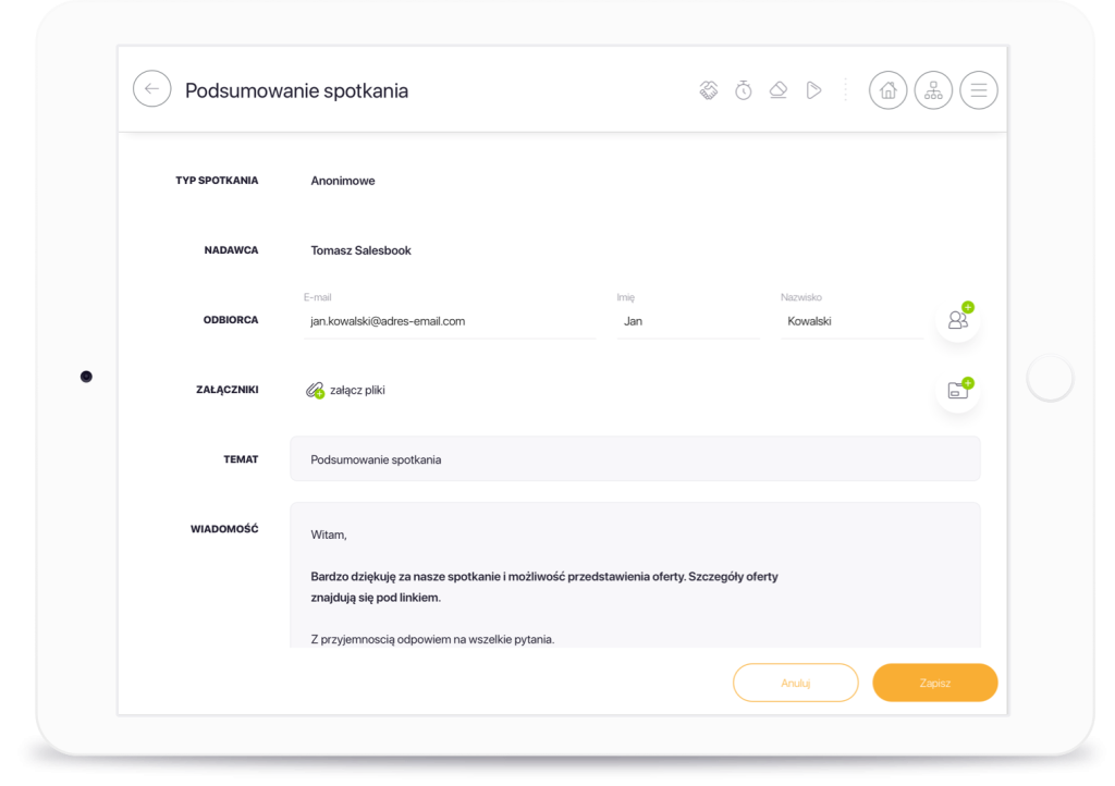 Aplikacja ma gotowe wszystkie szablony wiadomości, które trafiają do klienta. Handlowiec kończy spotkanie, a Salesbook zajmuje się automatyczną wysyłką.