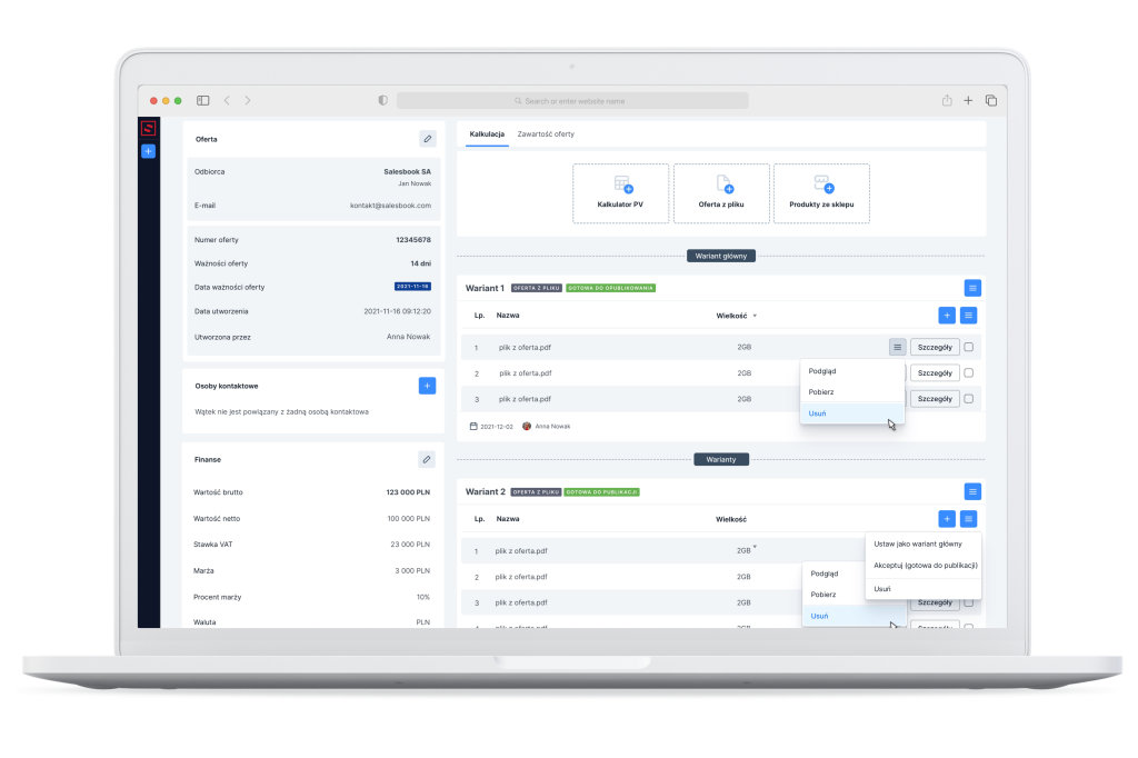 Widok wariantów oferty handlowej w generatorze ofert