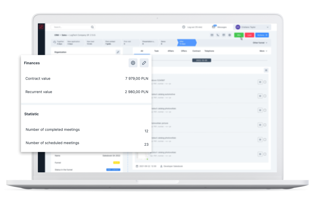 View of information on finances and statistics.