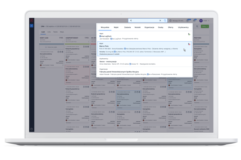 Widok wyników wyszukiwania w systemie CRM od Salesbooka.