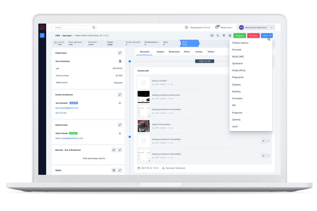 Lista funkcji Salesbook CRM dostępnych w przycisku Akcje.
