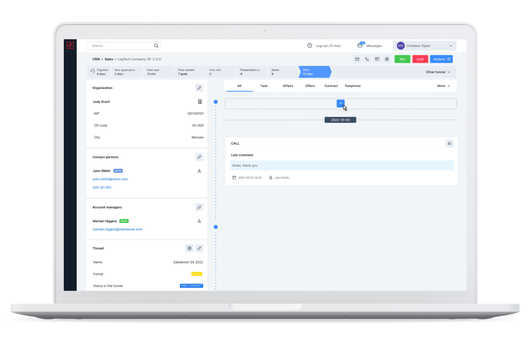 View of notes in the CRM system from Salesbook.