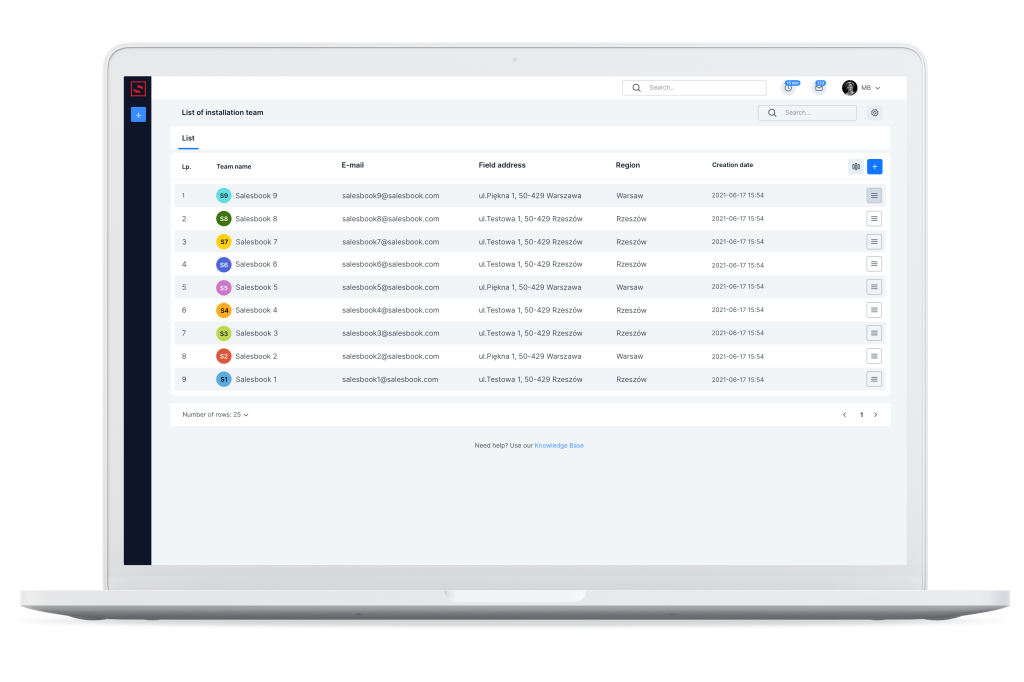 View of the list of available installation teams in the installation work planning module.