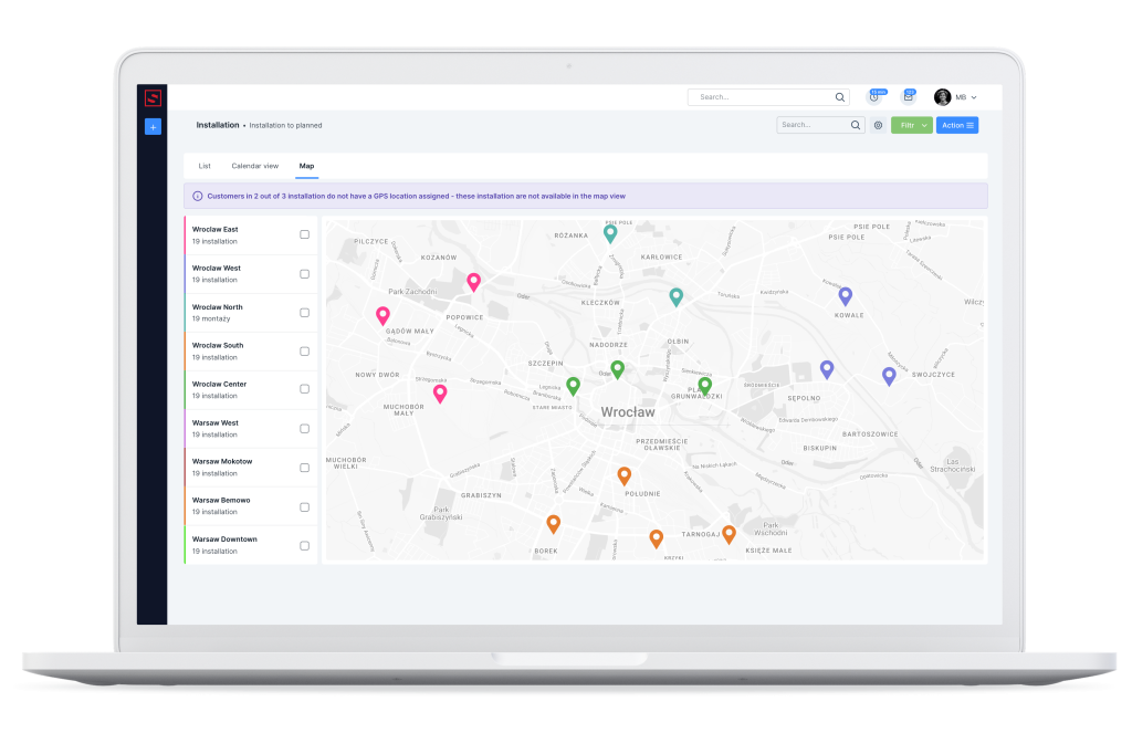 Refreshed view of the map. Installation planning module.