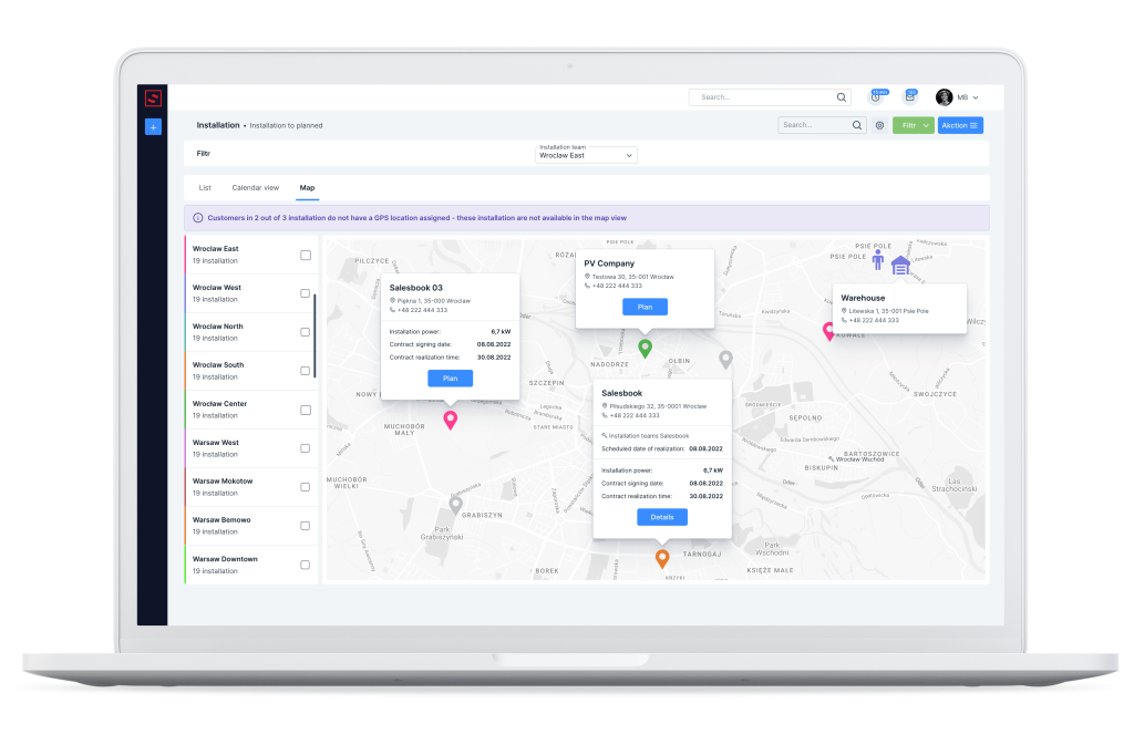 Details of the installation to be scheduled visible from the map view. Installation planning module.