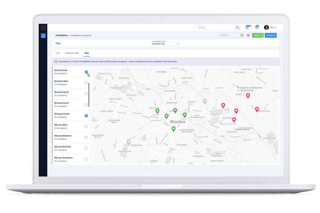 The filter allows you to see all the installations assigned to the selected team. Installation planning module.