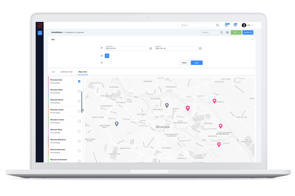 The top filter allows you to search for assemblies by date. Installation planning module.