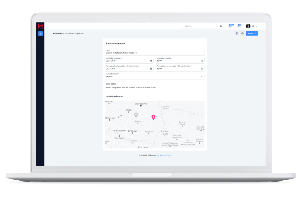 The installation planning window accessible from the map view. Installation planning module.