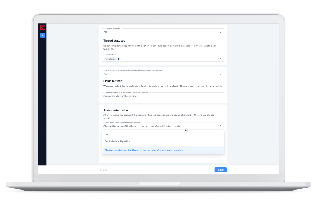 Setting the automatic change of thread statuses. Installation planning module.