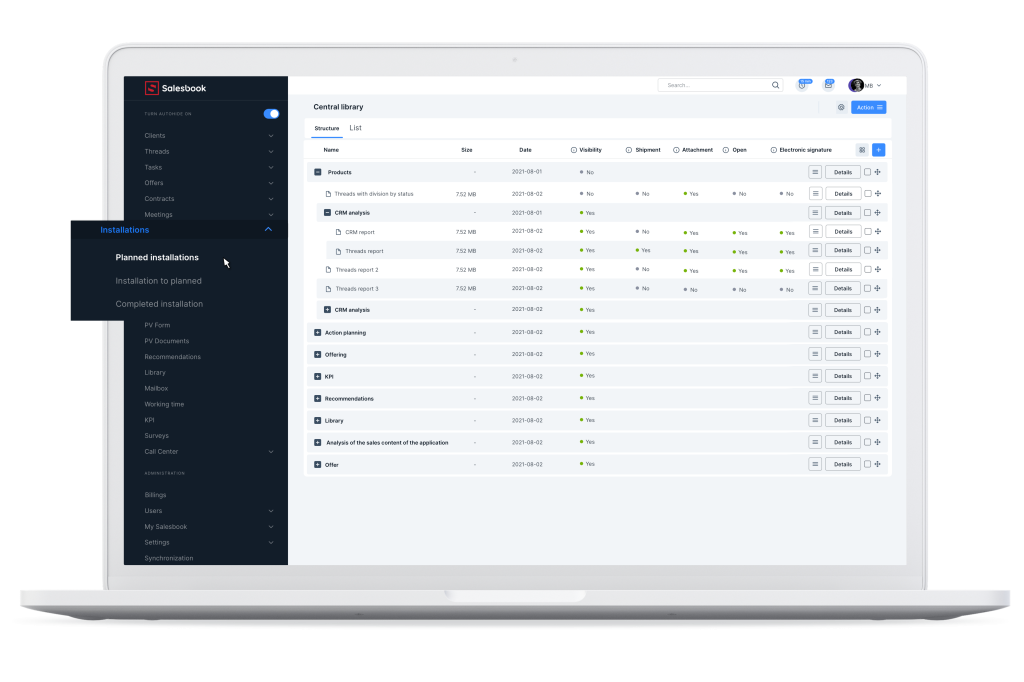 Sections in the installations tab on the sidebar. Installation planning module.