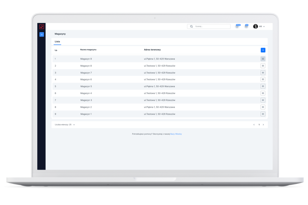 Widok listy magazynów dostępnych w Back Office. Moduł prac instalacyjnych