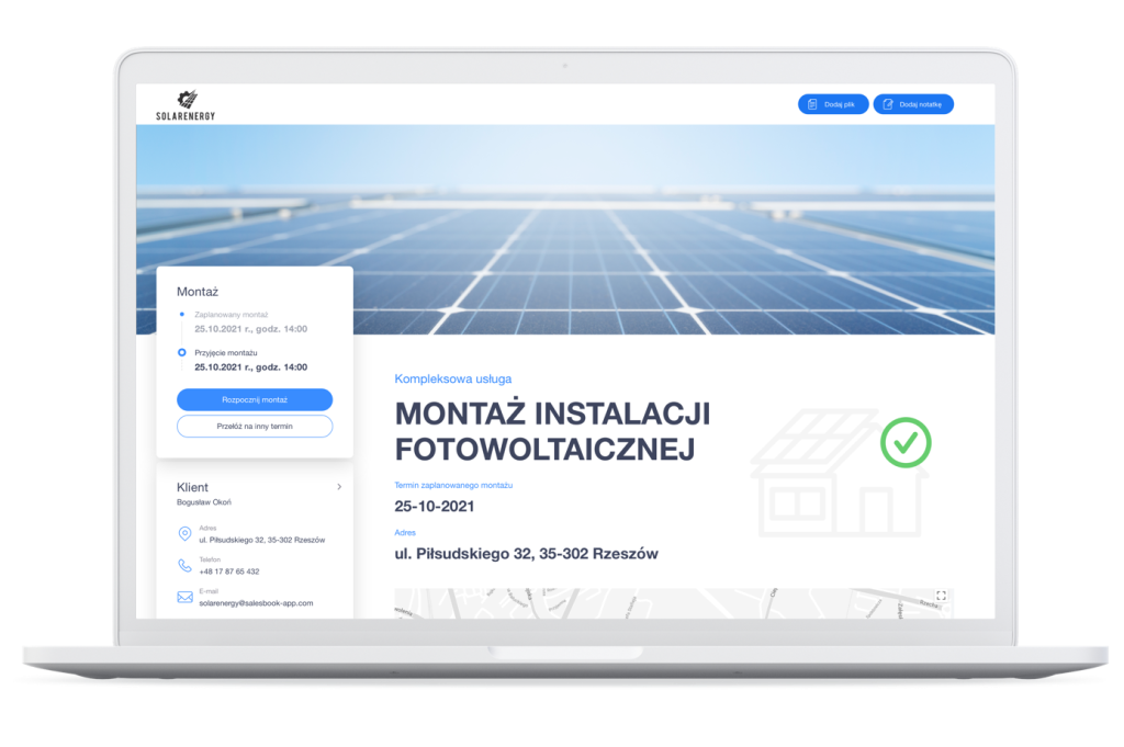 Widok zlecenia montażu. Moduł prac instalacyjnych