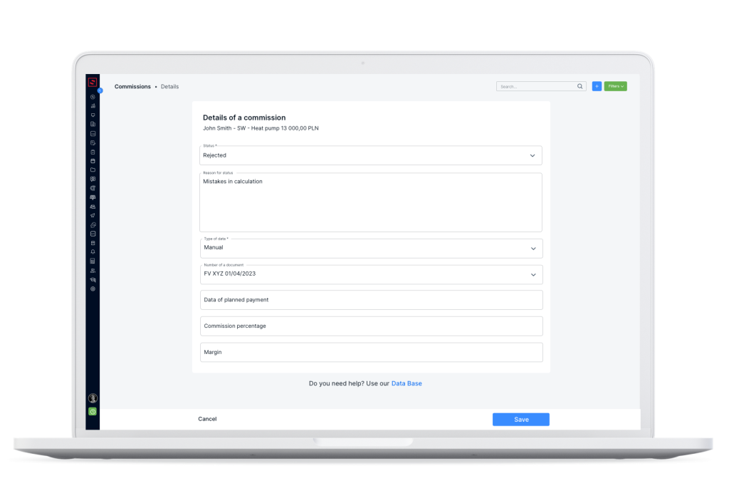 Changing details of a commission in CRM.