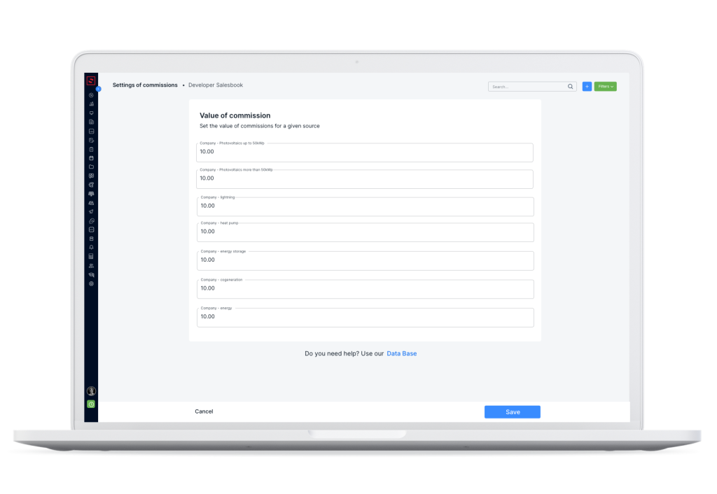 Setting commissions percentage in a CRM system.