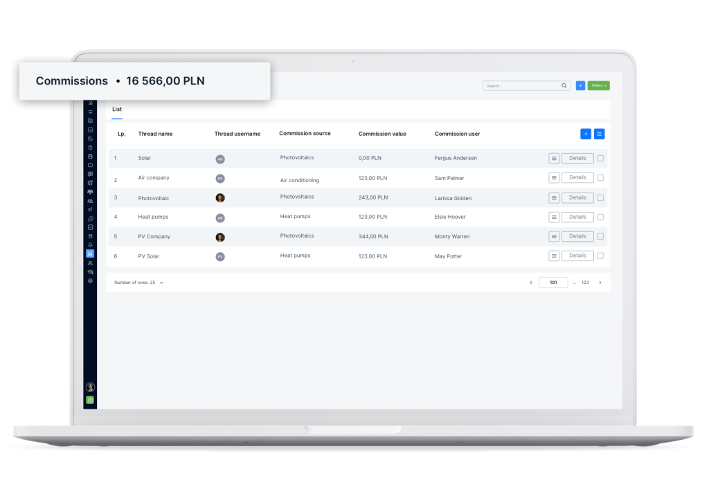 The total sum of commissions in a CRM system.