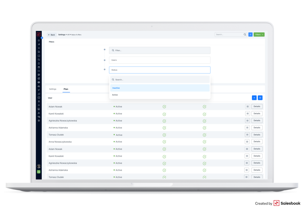 Filters in the KPI module in the Salesbook CRM.