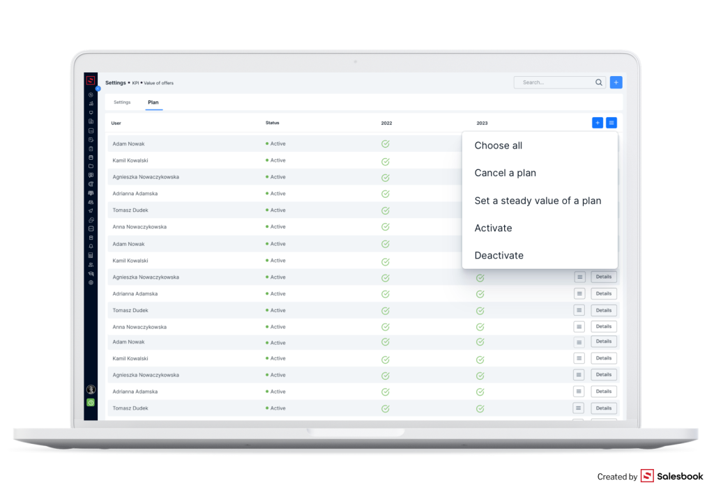 Setting a plan for KPIs in the Salesbook CRM.