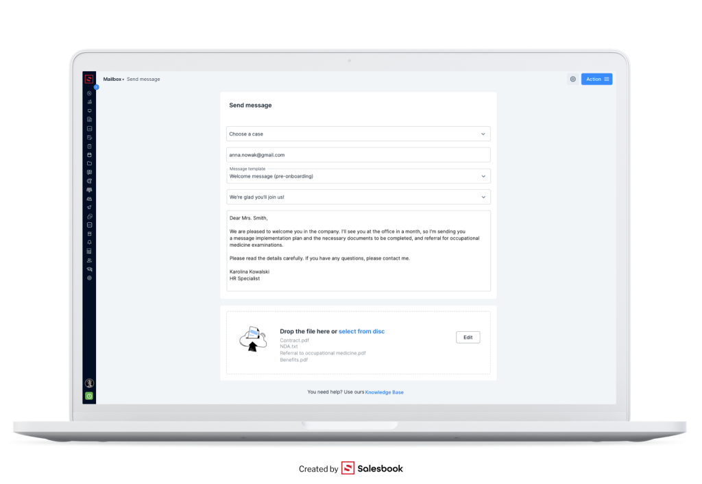 An example of employee onboarding automation in Salesbook.
