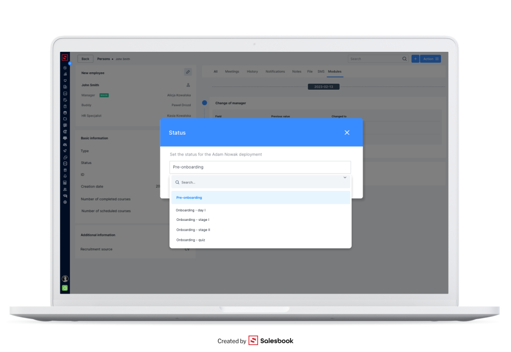 Changing statuses in the onboarding process in Salesbook