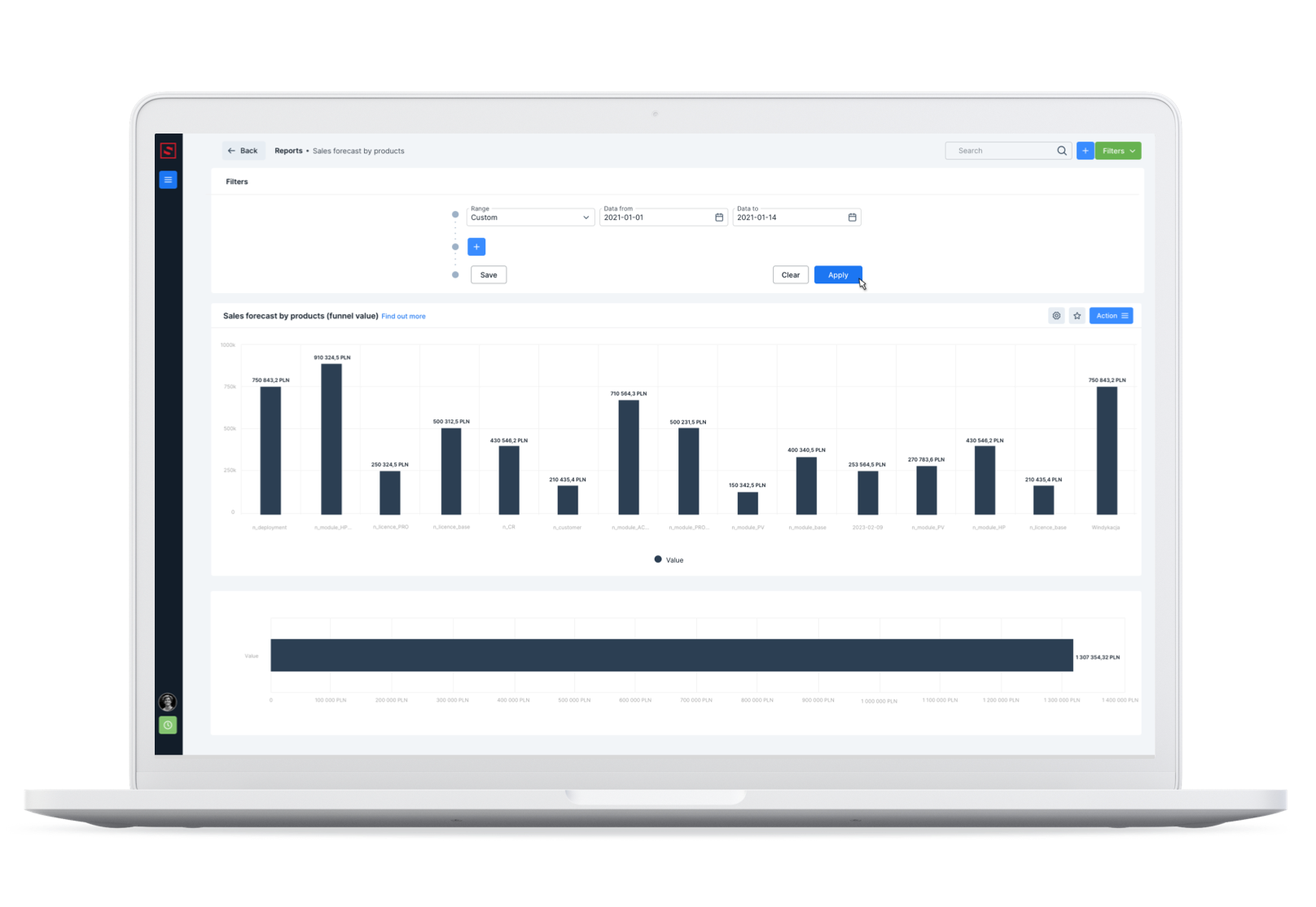 Sales data visible in the Reports module.