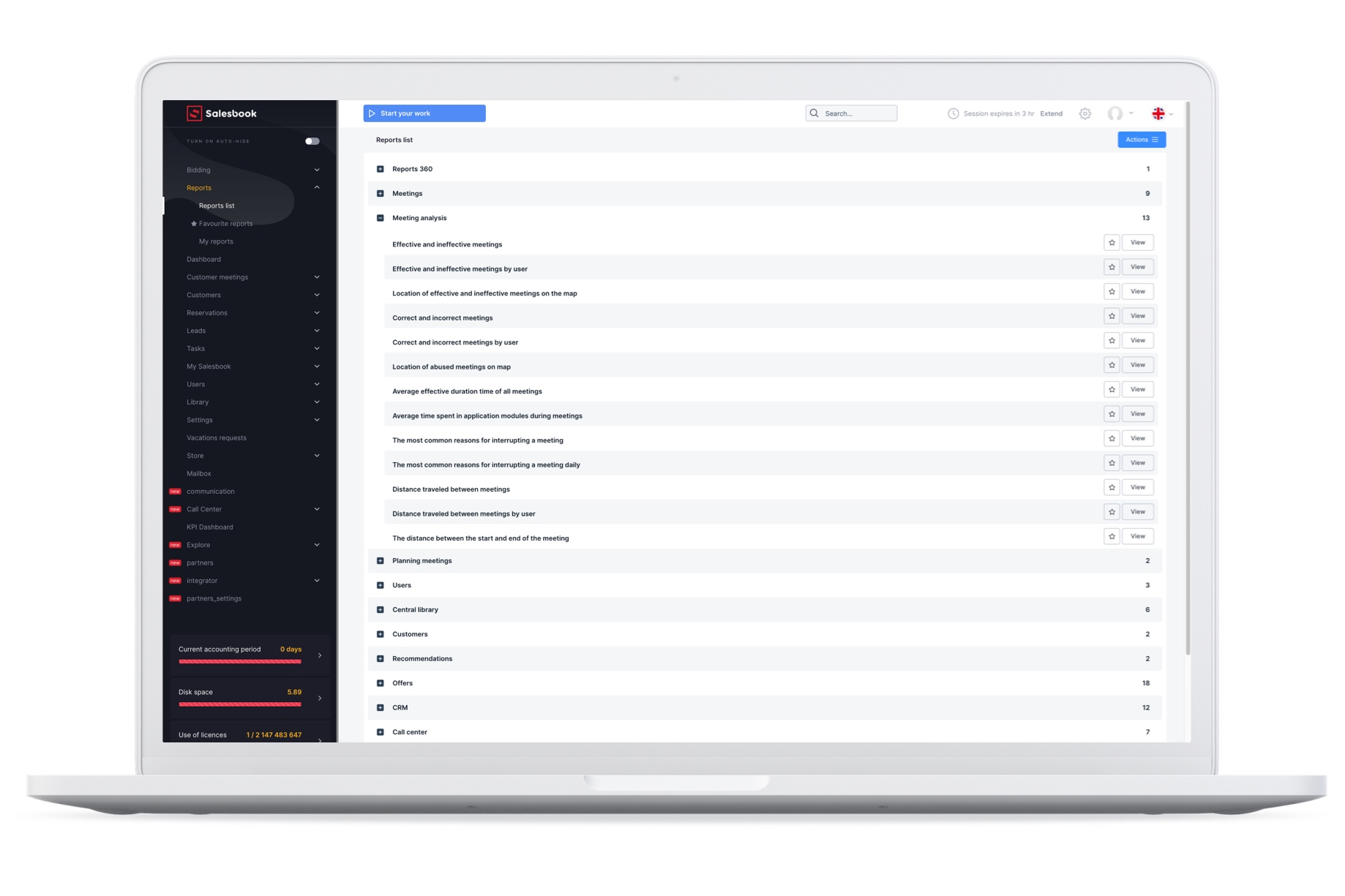 The view of the Reports module.