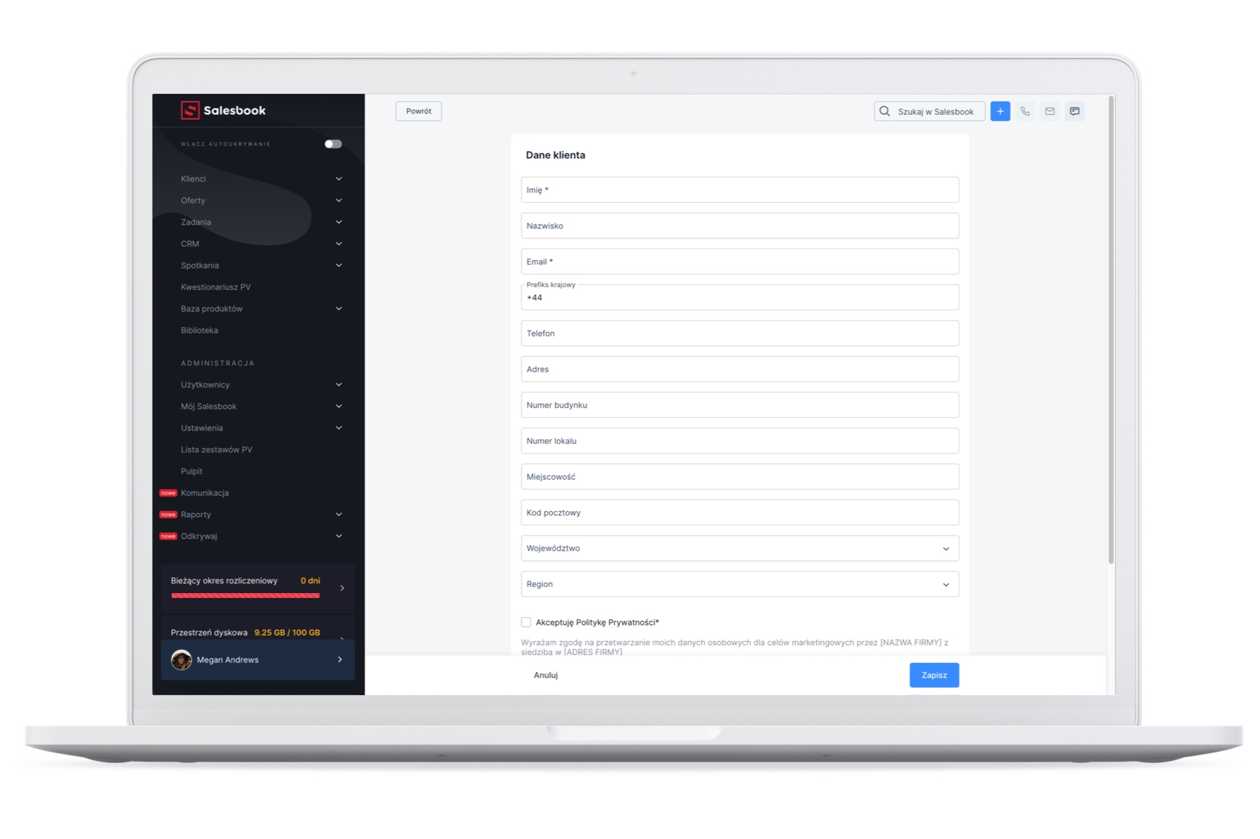 Opcja dodawania klienta i zaznaczenia zgody na przetwarzanie danych w panelu.