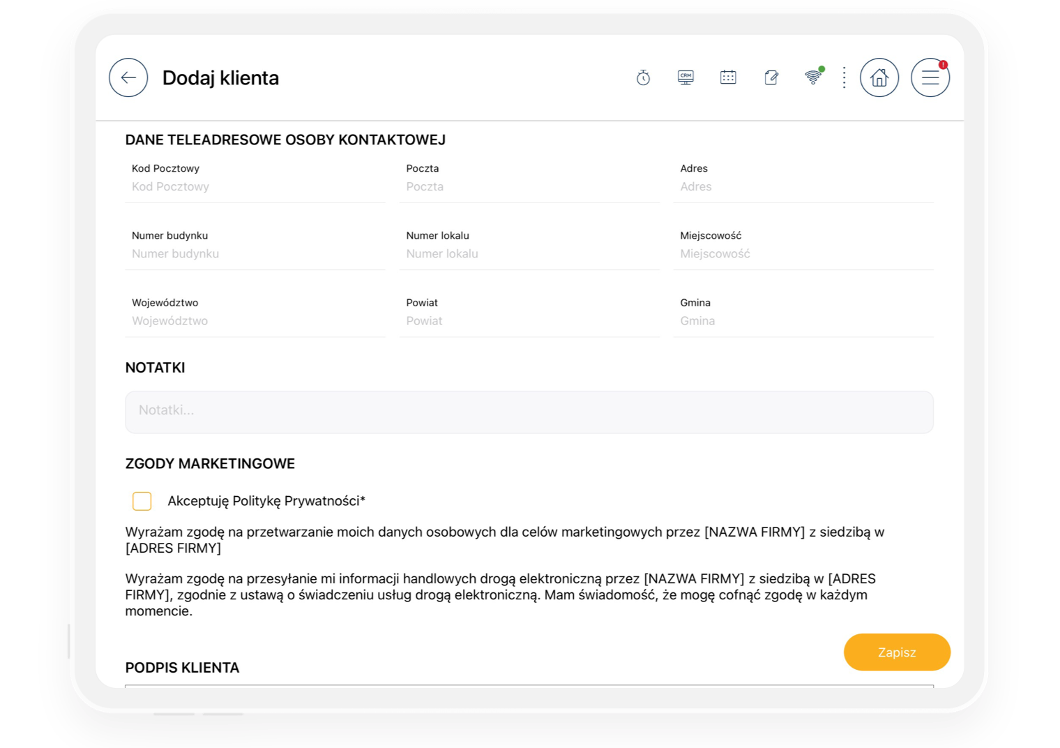 Opcja dodawania klienta i zaznaczenia zgody na przetwarzanie danych na tablecie.