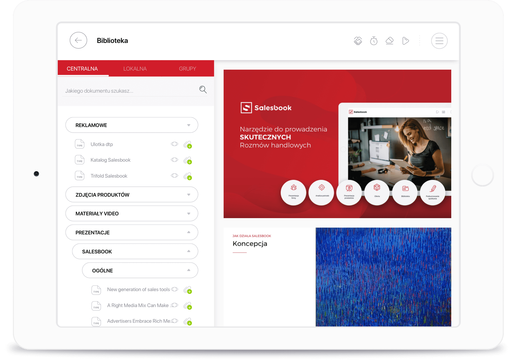 Biblioteka treści w Salesbooku pozwala w łatwy sposób zarządzać wszystkimi dostępnymi treściami
