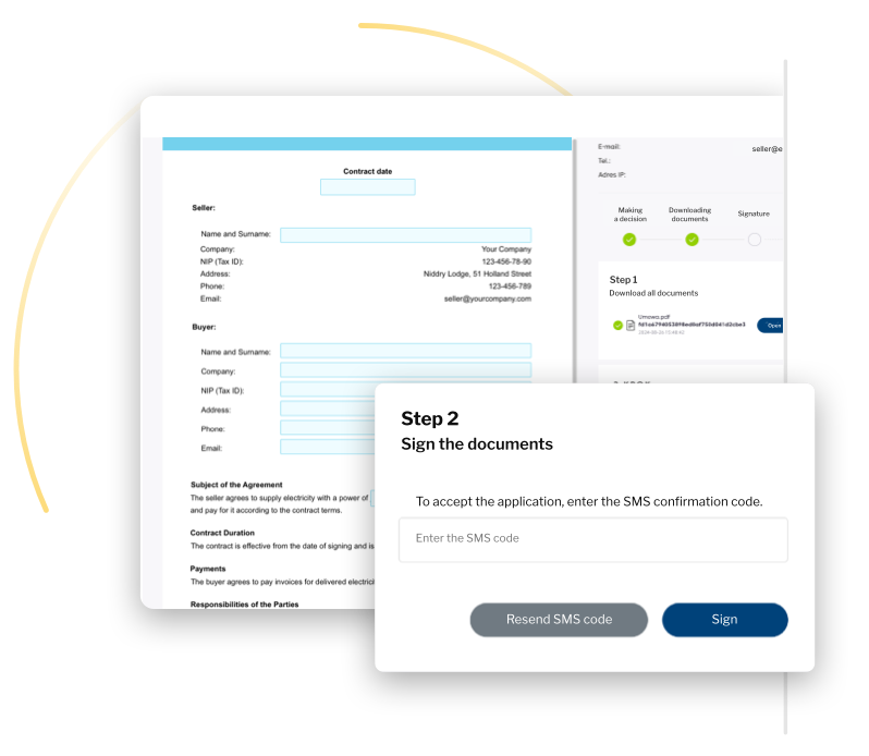 The screen view on which the customer can sign a contract using the SMS code.